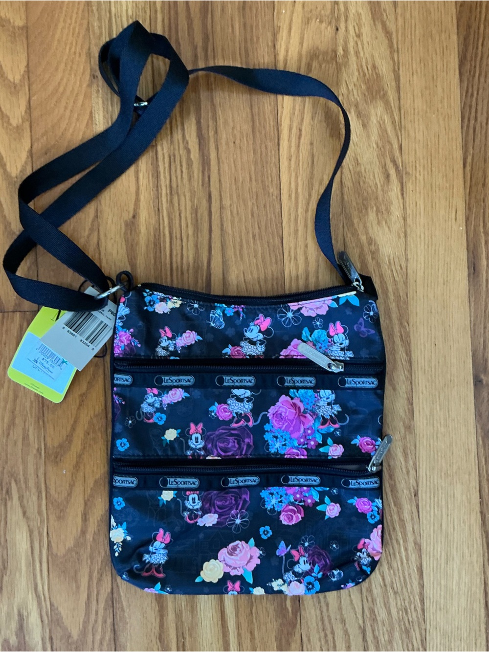 Lesportsac Black Crossbody with Pink & Blue Floral Minnie Print